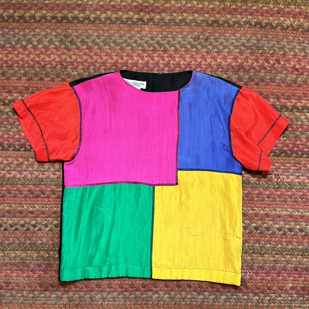 VTG MULTI COLOR BLOCK SILK BLOUSE